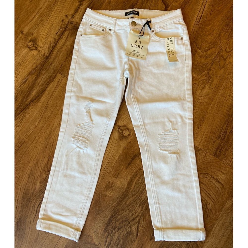 NWT Generra Boyfriend Slim ripped white cropped jeans